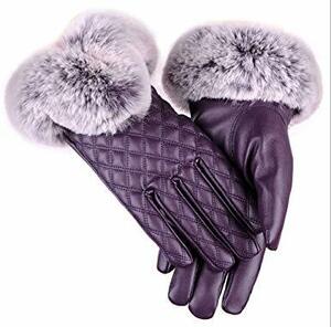 新品　超高級●パープル　紫●　PUレザー手袋 レディース 裏起毛 冬 保温 暖かい ファー付