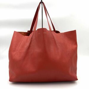 1円 【美品】 CELINE セリーヌ ホリゾンタル カバ トートバッグ バンド ショルダー レッド レザー A4収納 大容量 レディース ビジネス 