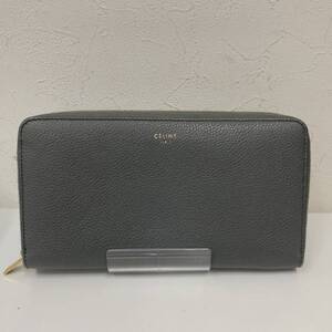 ⑭ CELINE セリーヌ 長財布 GRY グレー レザー 無地 ラウンドファスナー 10B553BEL