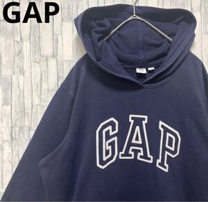 GAP ギャップ パーカー スウェット 薄手 短丈 サイズL デカロゴ ビッグロゴ 刺繍 ワッペン ネイビー 長袖 プルオーバー フーディ 裏起毛