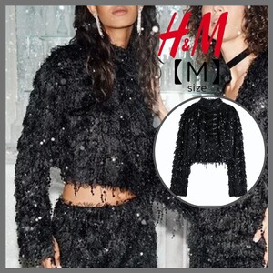 H&M エイチアンドエム 2022 ホリデー ブラック フリンジ スパンコール クロップドトップス 長袖 フォーマル シャイニー 黒 ブラック M