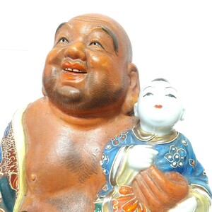 蔵出し 九谷焼 布袋像 童子 古い 時代物 陶器 骨董品 置物 仏教美術 古美術品 金彩 人形 オブジェ G534