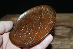 極美古銅煎茶道具 質感 細工祥瑞雲紋銅茶器茶托