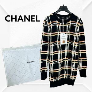 新品 CHANEL シャネル 22A P72910 コットン アルパカ ウール混 ラインストーン ココプレート チェック柄 ニット チュニック ミニワンピース