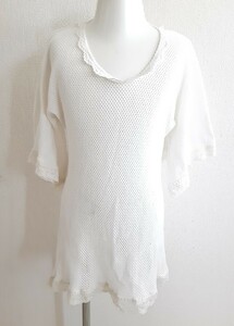 ＊USED*handmade＊【５～７歳くらい】七分袖 子ども用チュニックワンピ 重ね着 オールシーズン 白 ホワイト 編み生地 前後ろ気にしない