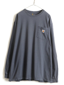 大きいサイズ XL ■ カーハート ポケット付き 長袖 Tシャツ ( メンズ ) 古着 CARHARTT ロンT ワンポイント クルーネック ポケT ロゴT 灰 青