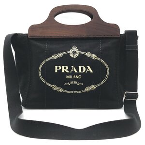 美品 PRADA プラダ ウッド カナパ 2WAY キャンバス ハンド ショルダー バッグ ブラック a2681