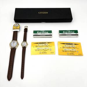 美品 CITIZEN シチズン Eco-Drive E030-S93916 HSB / E030-S93894 HSB ソーラー セット ペア ベルト ゴールド ブラウン メンズ レディース