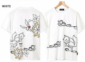 「風車に兎」半袖Tシャツ◆今昔 ホワイトMサイズ KJ-27002 和柄 和風 狐 きつね キツネ うさぎ ユニセックス