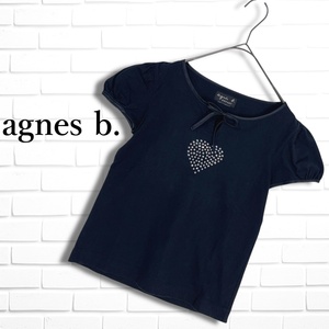 ◆美品◆ agnes b. ENFANT アニエスベー ハート ラインストーン 半袖 カットソー Tシャツ 黒 ブラック レディース ◆送料無料◆ 2084L