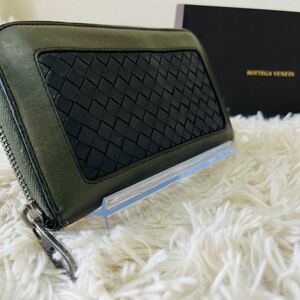 1円《箱付き》BOTTEGA VENETA ボッテガヴェネタ イントレチャート バイカラー 長財布 ラウンドファスナー グリーン ブラック メンズ