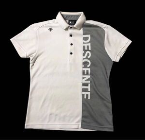 ● DESCENTE GOLF デサント ゴルフ ● ビッグ ロゴ プリント ラバー ワッペン 半袖 ゴルフ ポロシャツ ホワイト×グレー M