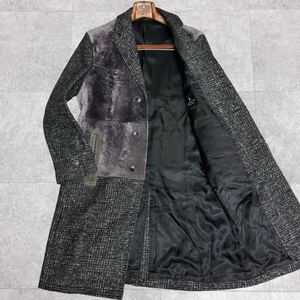 希少XLサイズ相当!!!ランバンコレクション【未使用級美品】LANVIN ムートンコート ツイードレザー 本革 ロング丈 メンズ パープルグレー 48