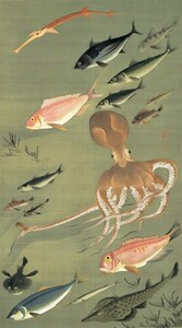 【フルサイズ版】伊藤若冲 動植綵絵 群魚図 蛸 じゃくちゅう 生誕300年 壁紙ポスター 336×603mm はがせるシール式 033S2