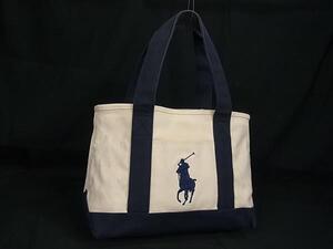 1円 POLO RALPH LAUREN ポロラルフローレン キャンバス トートバッグ ショルダー 肩掛けかばん ベージュ系×ネイビー系 GB0172