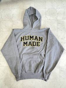 【美品】HUMAN MADE ヒューマンメイド【Pizza Hoodie】 ロゴプリント プルオーバー パーカー サイズ：Mグレー×ネイビー×イエロー