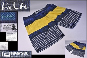 REVERSAL Irie Life×rvddw コラボ ★ ショートパンツ ★ 青ｘ黄色ｘストライプ Lサイズ ★ ベルクロ ★ リバーサル イリエ ライフ 短パン