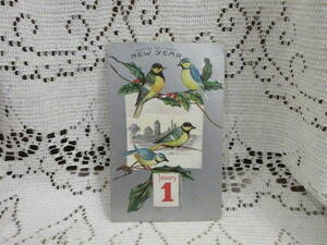 新年　ドイツ製　アンティーク　ポストカード　絵葉書　エンボス　小鳥　柊　建物　January１　銀彩　アメリカ切手1908年