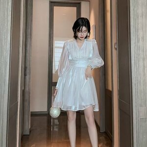 LRM3624★新品ワンピース　ladies　レディース　きれいめ　sexy　dress　長袖　V襟　つるつる