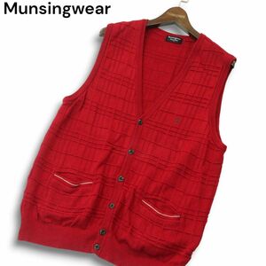 Munsingwear マンシングウェア 秋冬 ウール混★ ペンギン刺繍 チェック ニット ベスト Sz.L　メンズ ゴルフ 赤 日本製　A4T10531_A#K