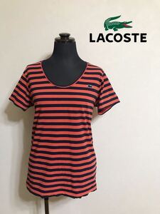 【良品】 LACOSTE ラコステ レディース ボーダー Tシャツ トップス サイズ38 半袖 ネイビー 橙 TF088E 日本製