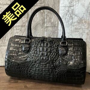 【ws550】美品 カイマン ワニ革 本革 ハンドバッグ 黒 エキゾチックレザー