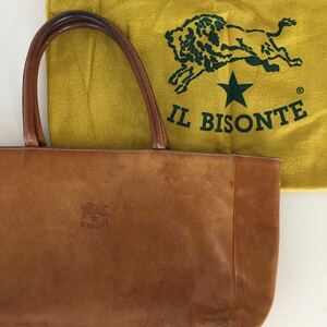 ★ IL BISONTE ◆ レザー トートバッグ キャメル (保存袋付) ロゴ入り 裏キャンバス ハンドバッグ イタリア製 イルビソンテ ◆W6 ZろZTJ-01