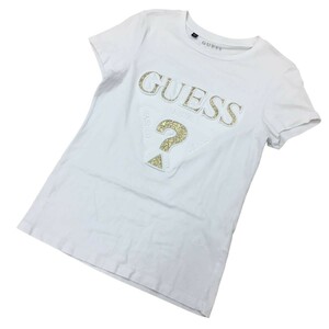 ★B-156 GUESS ゲス ラメ エンボス ロゴ 半袖 ストレッチ Tシャツ カットソー トップス size XS ホワイト ゴールド レディース