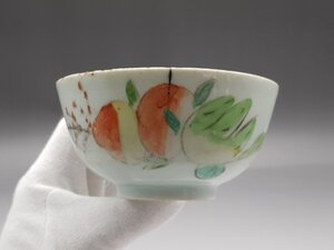 色絵 果実紋 茶碗 時代唐物 幅約11.8cm / 明清時代 盃 小碗 杯 盞 小鉢 茶道具 煎茶道具 酒器 人間国宝 李朝 高麗 古董