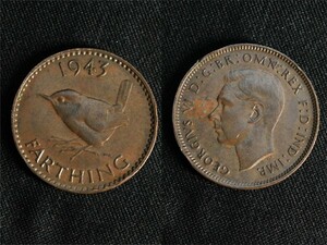 【イギリス】 ファージング 1943 小鳥 ミソサザイ ブロンズ銅貨