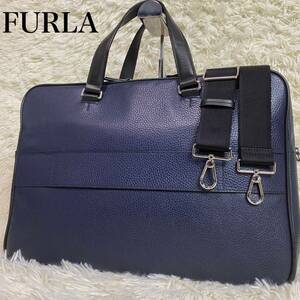 FURLA フルラ　ビジネスバッグ　ブリーフケース　2WAY ネイビー　レザー　新ロゴ　メンズ