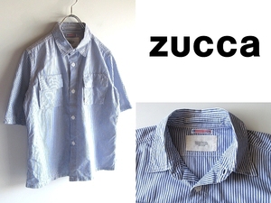 フランス製 ZUCCa TRAVAIL ズッカ トラバイユ コットン 半袖 ストライプシャツ ブラウス 1 ブルー ホワイト 青白 男女着用可 ネコポス対応