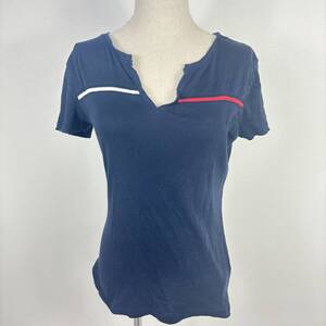 TOMMY HILFIGER トミーヒルフィガー Tシャツ カットソー スキッパーネック 半袖 ライン Sサイズ コットン ネイビー