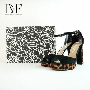 DIANE von FURSTENBERG ダイアンフォンファステンバーグ 7 24.0 サンダル ヒール レオパード柄 スエード ハラコ 黒 ブラック 箱付き/OC64