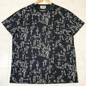 美品/希少XL●エルメス HERMES 半袖 Tシャツ カットソー シェーヌダンクル 総柄 コットン ネイビー 紺系 高級感 イタリア製 メンズ