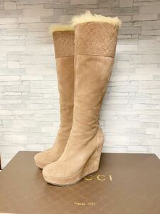 美品　定価23万　GUCCI　グッチ　GG Long Boots GG柄　スウェード　ファー　ロングブーツ　ウエッジソール レディース 296265　35.1/2