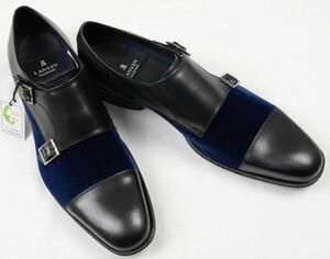 ●LANVIN COLLECTIONランバンコレクションダブルモンクストラップドレスシューズ(83446,黒/ネイビー,26.5,革底＋合成底)新品