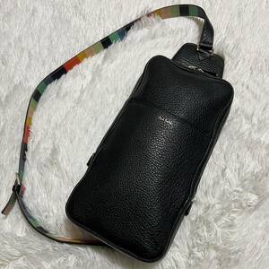 ◆未使用級◆ポールスミス Paul Smith ボディバッグ ショルダーバッグ マルチストライプ マルチカラー レザー シボ革 黒 ロゴ メンズ 現行