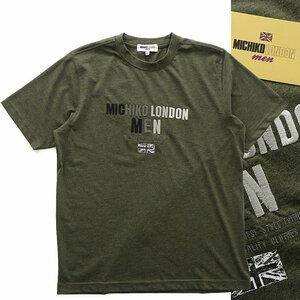 新品 ミチコロンドン 春夏 ブランドロゴ 刺繍 Tシャツ M カーキ【ML9M-T032_DGE】 MICHIKO LONDON 半袖 丸首 コットン カットソー メンズ