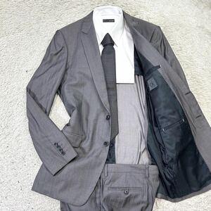 希少サイズ！カルバンクライン【至高の逸品】Calvin Klein スーツ　セットアップ　ジャケット　ストライプ　グレー　光沢　シルク　XL位