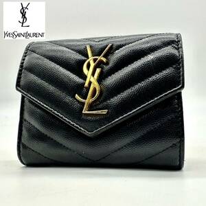 【極美品】イヴサンローラン YVES SAINT LAURENT カサンドラ キャビアスキン 財布 コンパクトウォレット wallet メンズ ブラック レザー