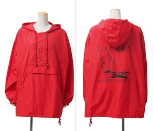 TI4249▼ローレン ラルフローレン Lauren Ralph Lauren*ヴィンテージ*90s*フーディ ナイロン ジャケット プルオーバー*撥水*L*レッド