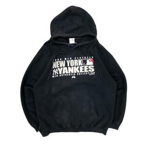 USA 古着 00s Majestic ヤンキース NEW YORK YANKEES MLB 0年代 フード プリント プルオーバーパーカー スウェット プルパ ネイビー XL