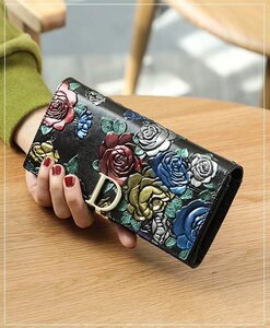 Colorful Roses レディース財布 韓国ファッション 長財布 二つ折り 小銭入れ レザー ファスナ付き ウォレットK0484