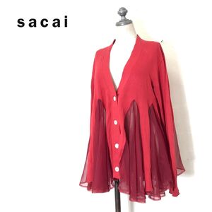 1D2543-D◆良品◆ Sacai サカイ デザインカーディガン プリーツフラワー 一部シアー ゆったり◆size2 レッド 赤 コットン ポリエステル