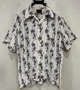 ＊エヴィス EVISU レーヨン 骸骨 総柄 アロハシャツ オープンカラー半袖シャツ 40　　　　BJBD.E