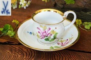 MEISSEN マイセン 1880-1900年頃 スワンハンドルシェイプ 西洋オダマキ 一つ花 フラワー 金彩 カップ＆ソーサー 本物保証品