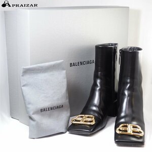 BALENCIAGA バレンシアガ レザー BB スクエア トゥ ショート ブーツ 35 ブラック レディース ケース・収納袋付 [67228]