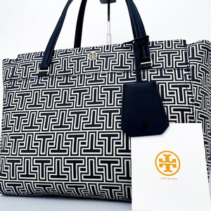 1円〜■売り切り■Tory Burch トリーバーチ 総柄 ロゴ チャーム トートバッグ ビジネス 大容量 A4可 レディース メンズ レザー ネイビー