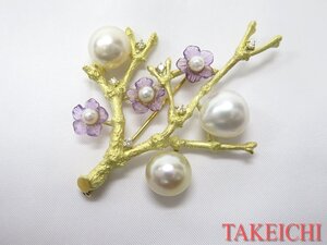 K18YG★ブローチ パール◇ダイヤモンド0.12ct 花 木 植物 実 玉の枝/31309